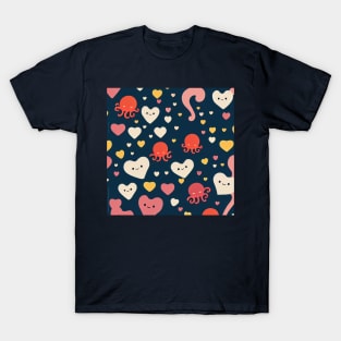 Hearts and Octopuses Swimming In The Sea - Super Cute Colorful Cephalopod Pattern T-Shirt